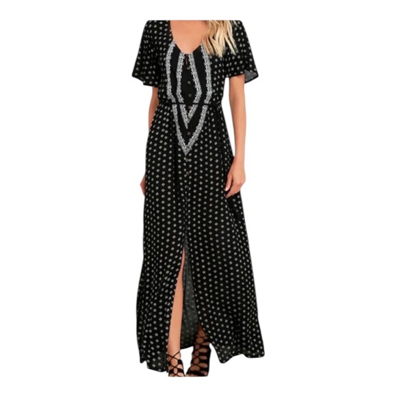O’Neill Cynthia Vincent Black White Embroidered Peasant Boho Maxi Dress Small‎ - Picture 1 of 11